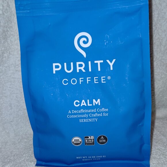 Purity Coffee CALM Decaf Whole Bean Coffee 12oz USDA Organic- Exp 5/19/26 - Picture 1 of 3